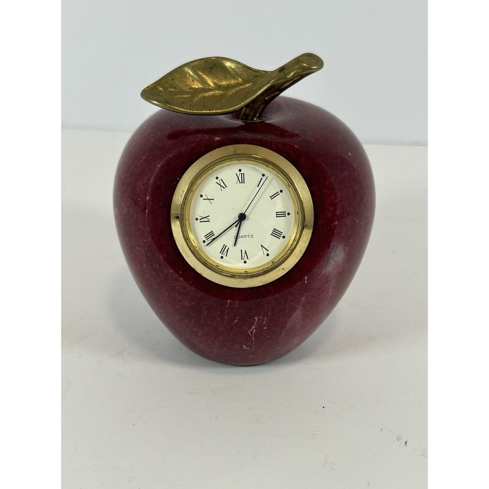 Vintage Red Apple‎ Quartz Clock Marble Alabaster Paperweight Desk Teacher